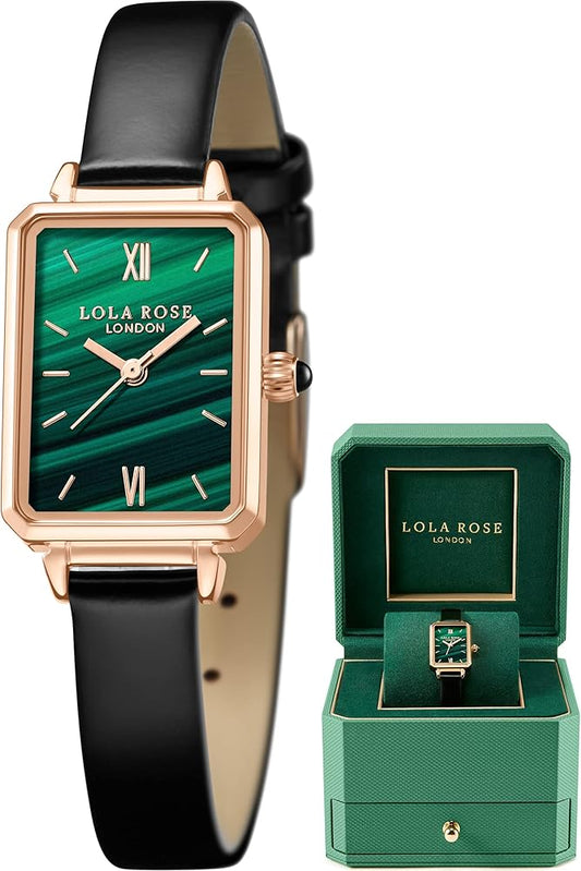 Lola Rose London Women's Luxury Rectangular Watch Gift Set - Malachite Green & Stainless Steel Editions - Elegant Tank Watch with Interchangeable Straps
