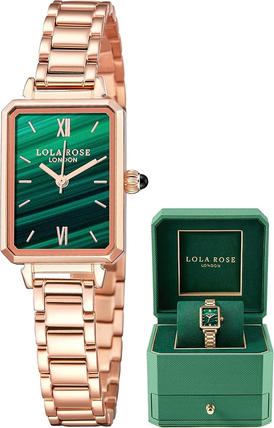 Lola Rose London Women's Luxury Rectangular Watch Gift Set - Malachite Green & Stainless Steel Editions - Elegant Tank Watch with Interchangeable Straps