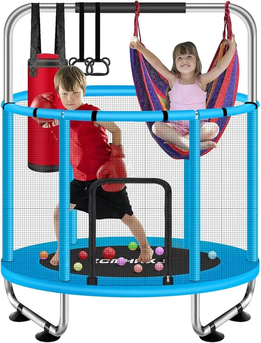 Premium 5-in-1 Kids' Indoor Trampoline & Activity Gym – Multi-Functional Toddler Play Center with Safety Enclosure, Hammock, Gymnastic Rings, and Punching Bag (Pink & White Edition)