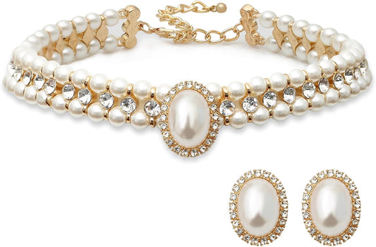 Elegant Layered Twisted Gold & Pearl Choker Necklace Set