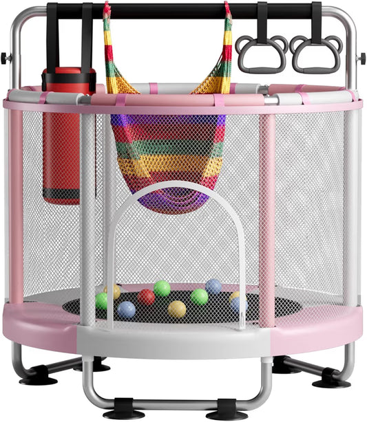Premium 5-in-1 Kids' Indoor Trampoline & Activity Gym – Multi-Functional Toddler Play Center with Safety Enclosure, Hammock, Gymnastic Rings, and Punching Bag (Pink & White Edition)